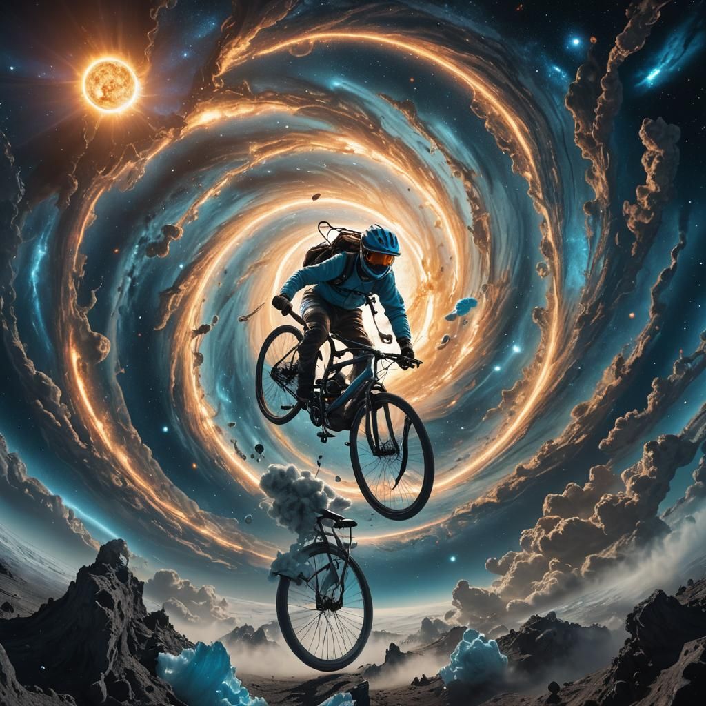 Sun Rides Moon Bicycle Escaping Blackhole