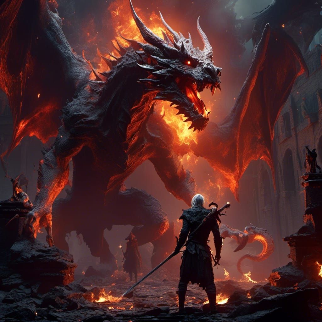 Elf Slaying Dragon in Dark Fantasy Style