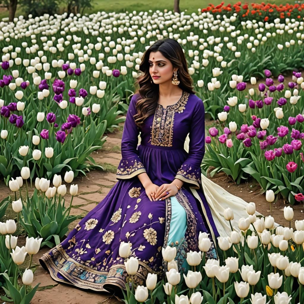 Woman in Anarkali Dress Among Tulips, Digital Painting