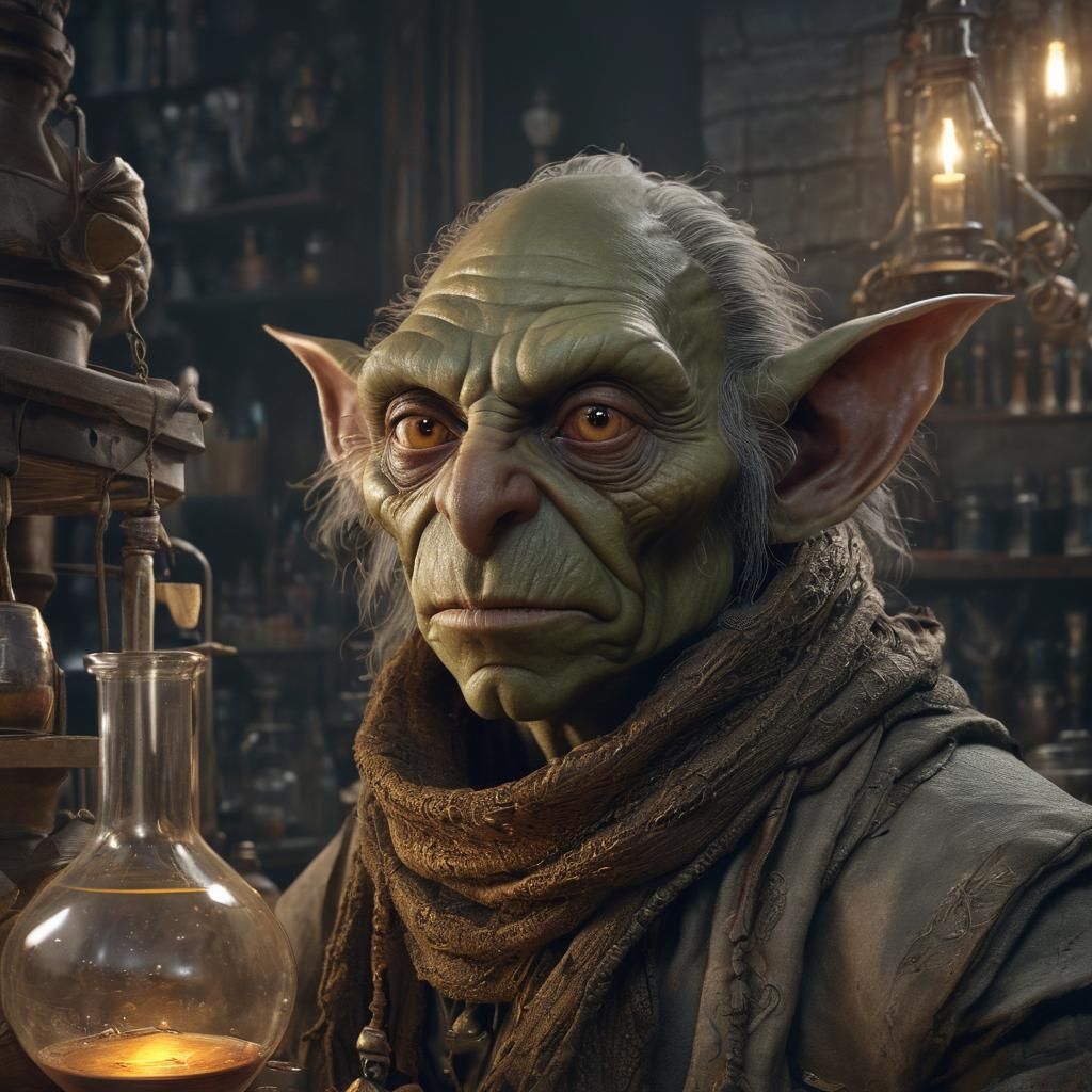 Goblin Alchemist Mixing Potions in Fantasy Laboratory