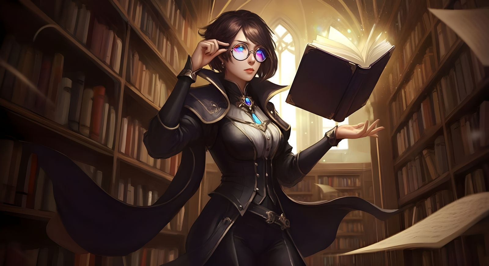 Confident Sorceress Reads Magic Book in Ancient Library