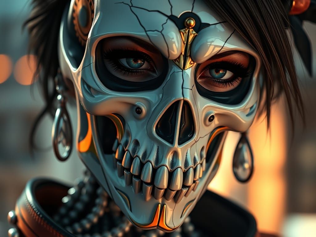 La Catrina in Cyberpunk Style with Intricate Porcelain Mask