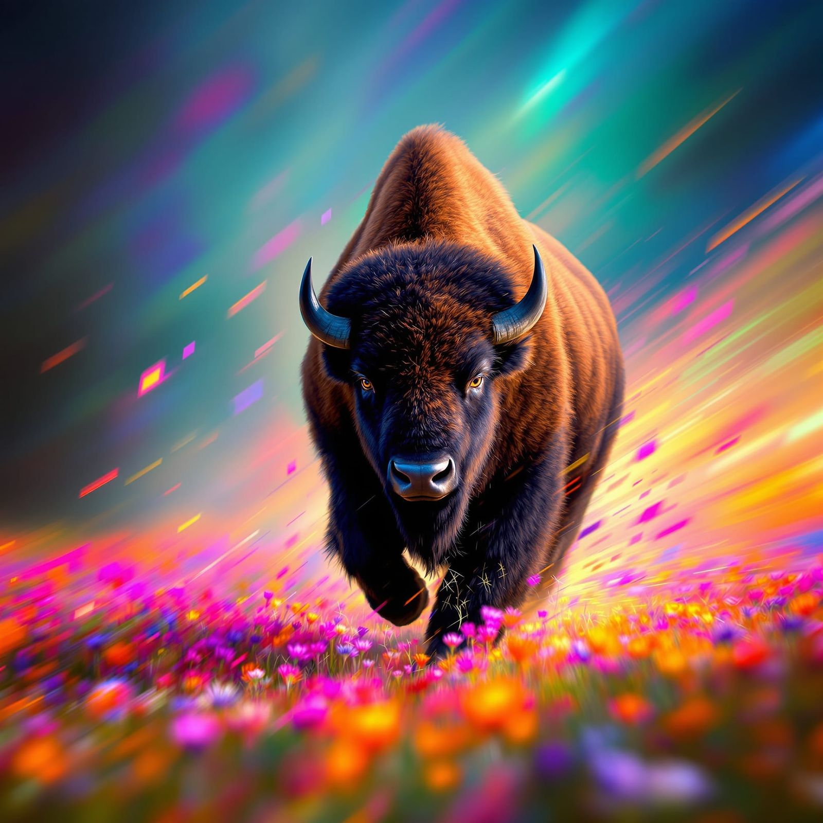Abstract Bison Charges Through Glowing Wildflowers