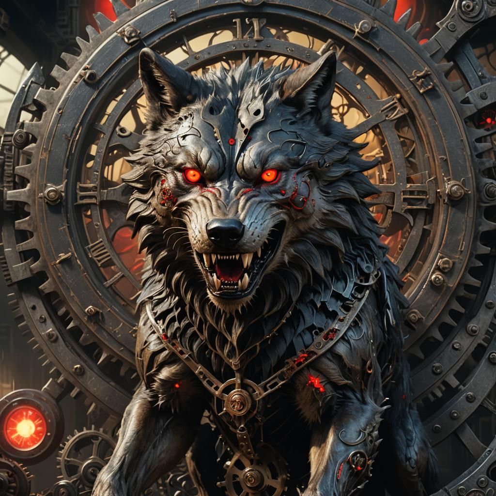 Dark Fantasy Wolf with Clockwork Gears
