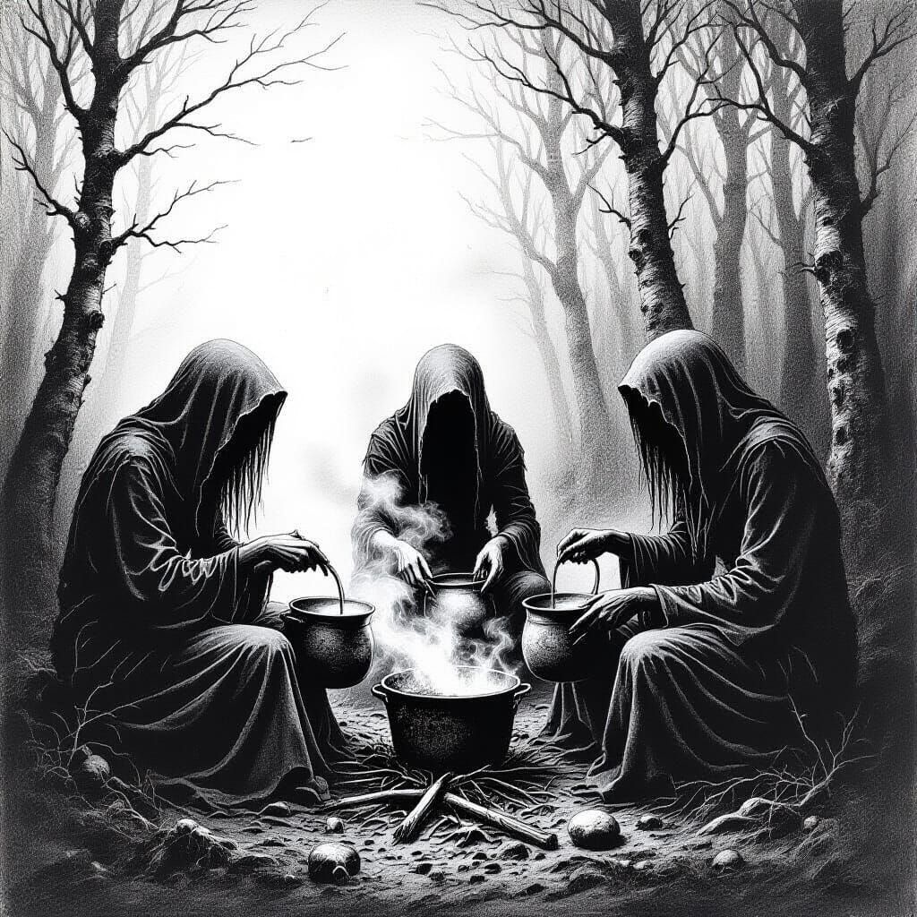 Undead Witches Brew in Dark Forest Ink Drawing