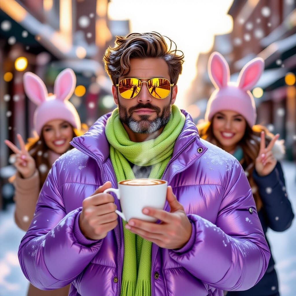 Man in Glittery Jacket Holds Hot Chocolate in Dramatic Snowf...