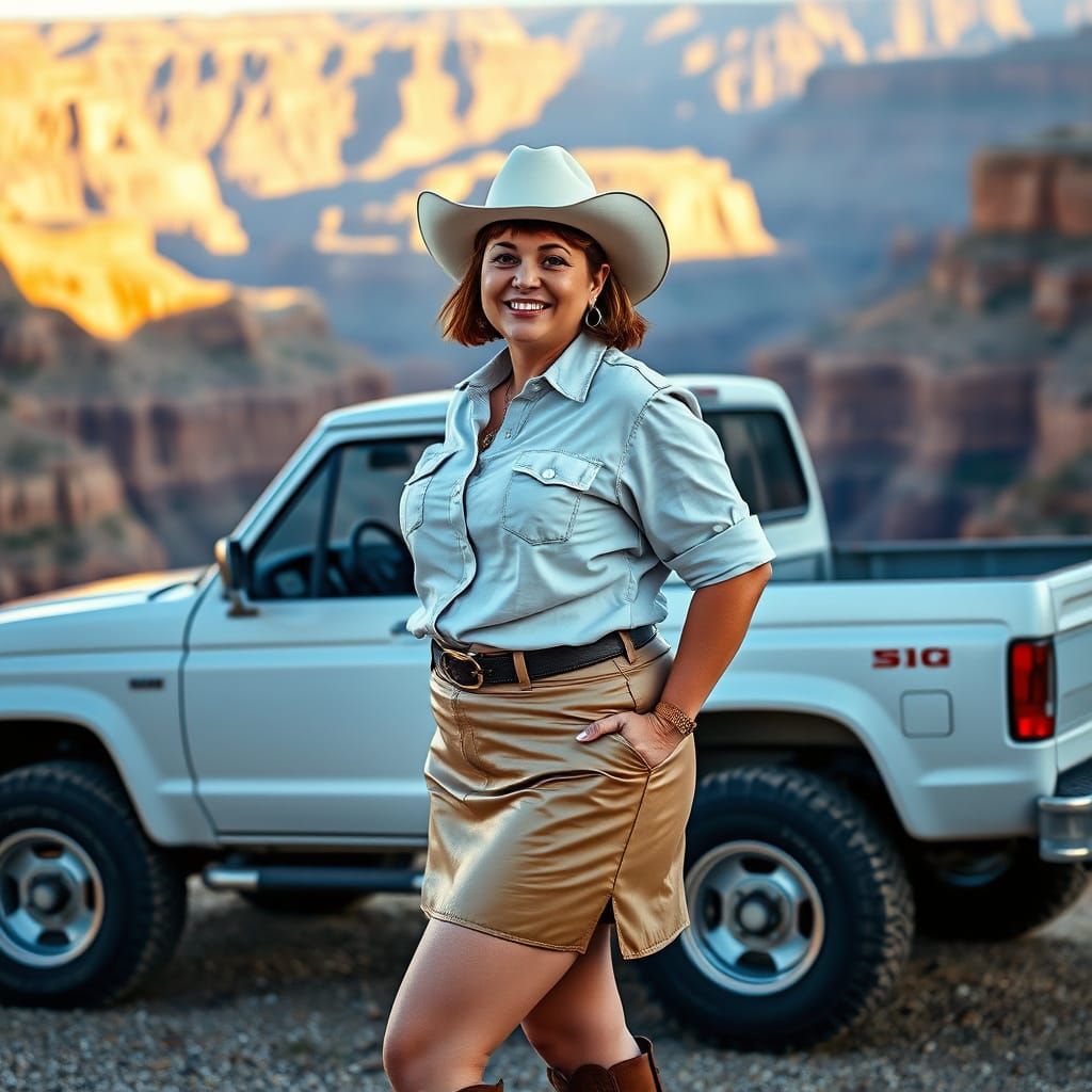 Curvy Woman in Cowboy Outfit Overlooking Canyon