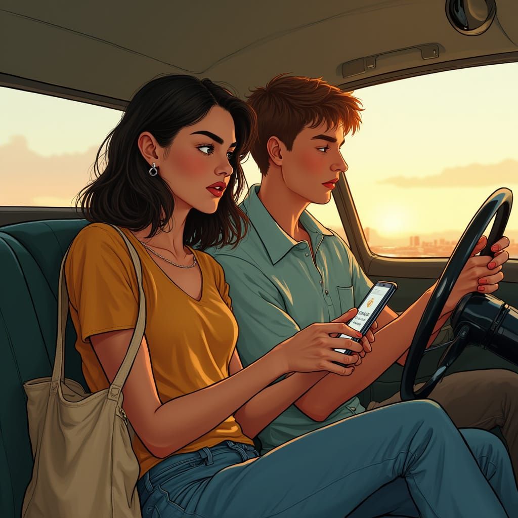 Woman Uses Phone for Directions in Car, Digital Art