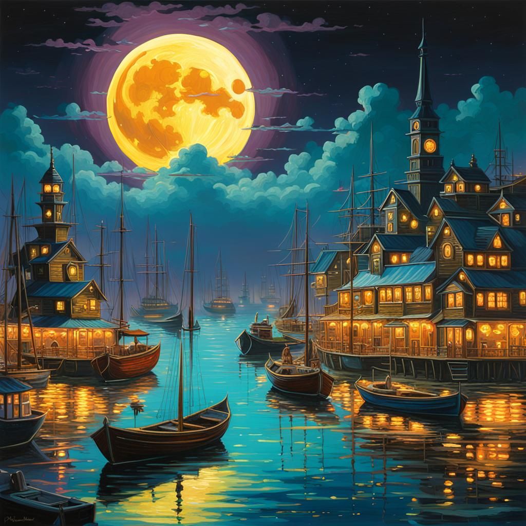 Neon Moonlit Harbor: A Fantasy Matte Painting