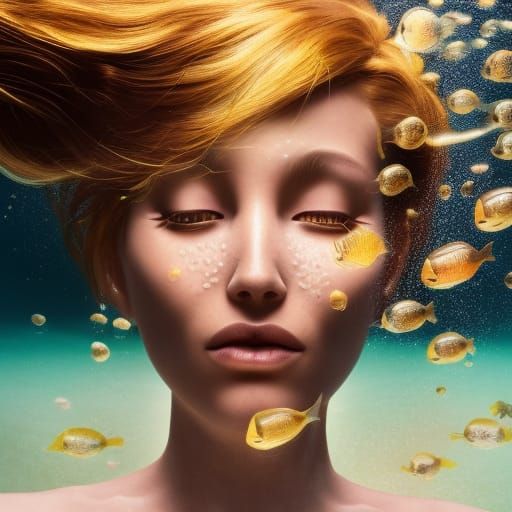 Underwater Portrait of Golden Woman with Fish