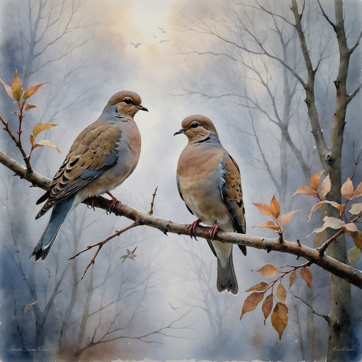 Misty Doves in Ethereal Watercolor Wash