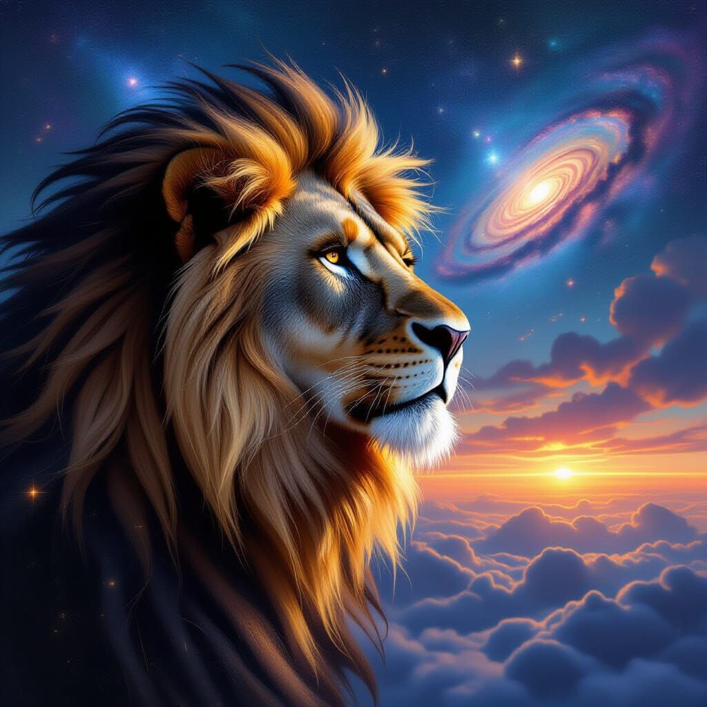 Lion with Galaxy Mane Gazing at Nebula Sky