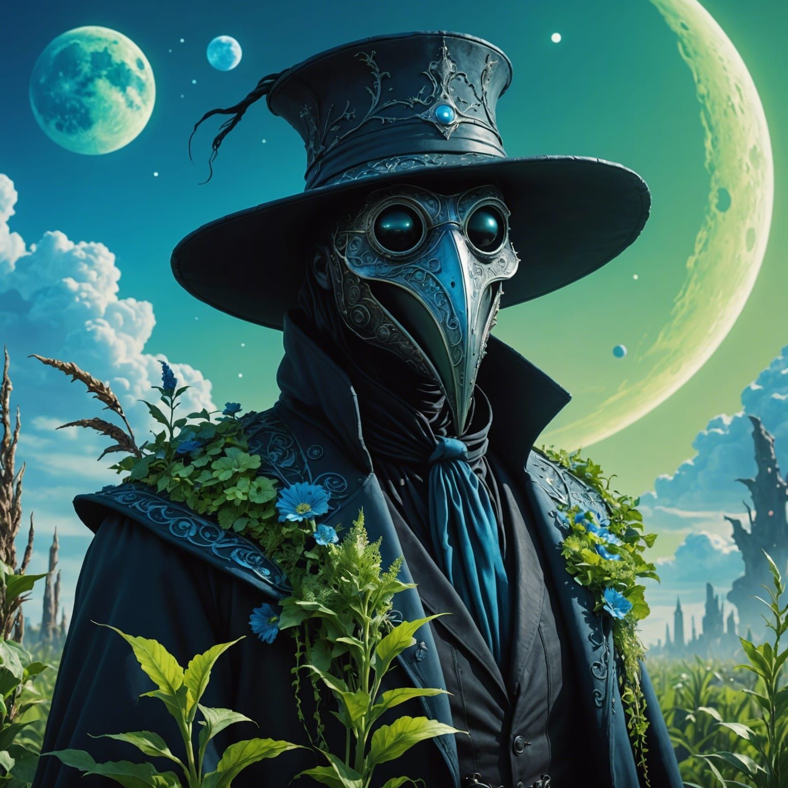 Alien World: Plague Doctor Among Blue Plants