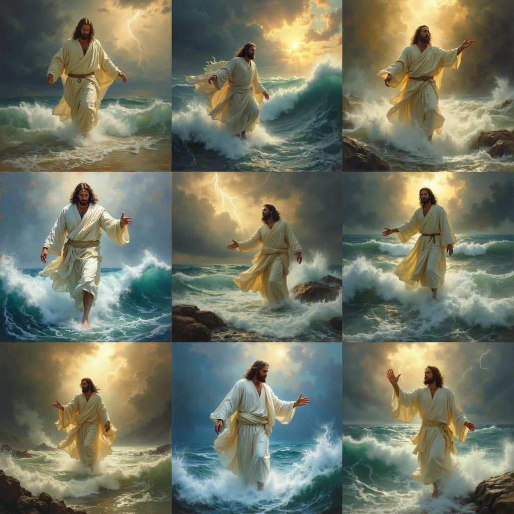 Jesus Walks on Water in Storm, Oil Painting Style