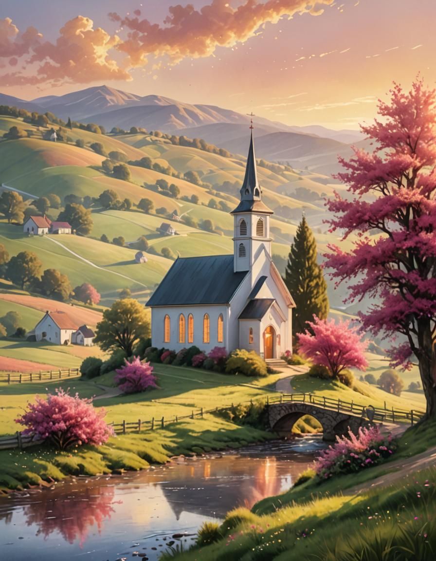 Idyllic Country Church in Arthur Rackham Style