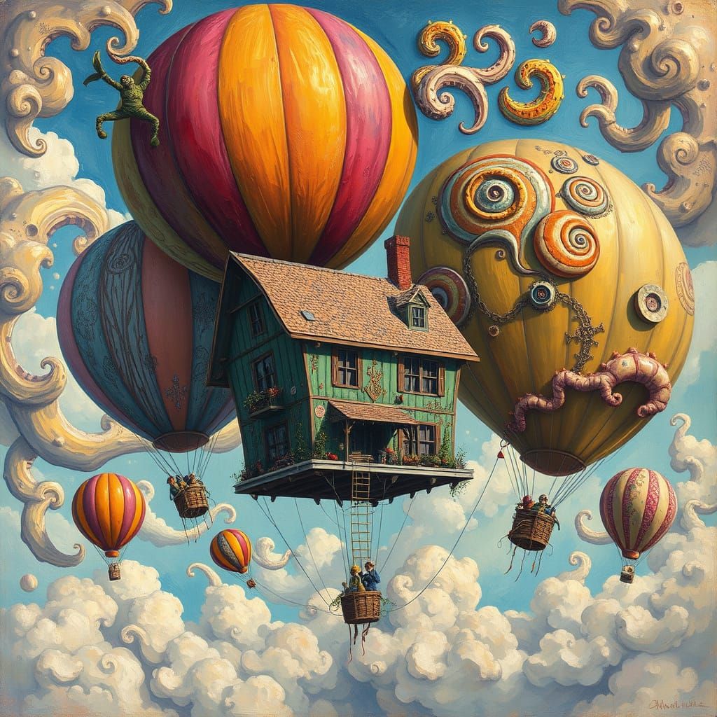 House Carried by Balloons in Surreal Fantasy Style