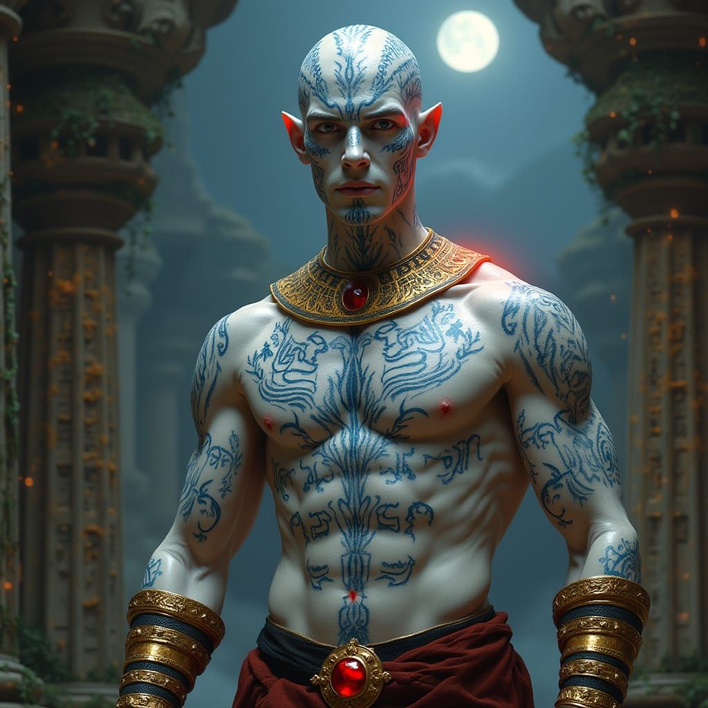 Moonlit Marble Humanoid in Ancient Temple