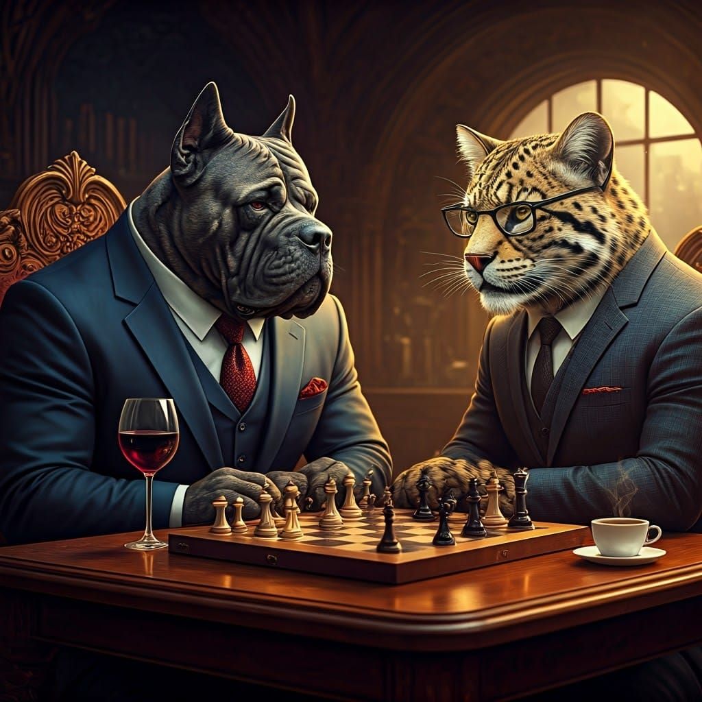 Boerboel and Wild Cat Play Chess in Art Nouveau