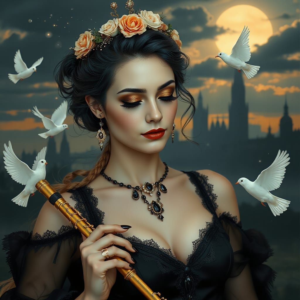 Ethereal Beauty with Blue Hair and Golden Flute