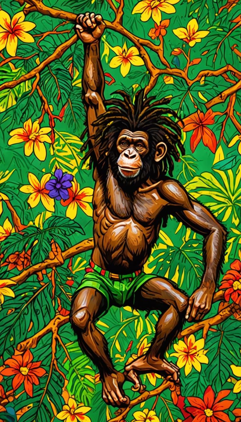 Vibrant Rasta Chimpanzee in Afro-Caribbean Style, Relaxing o...