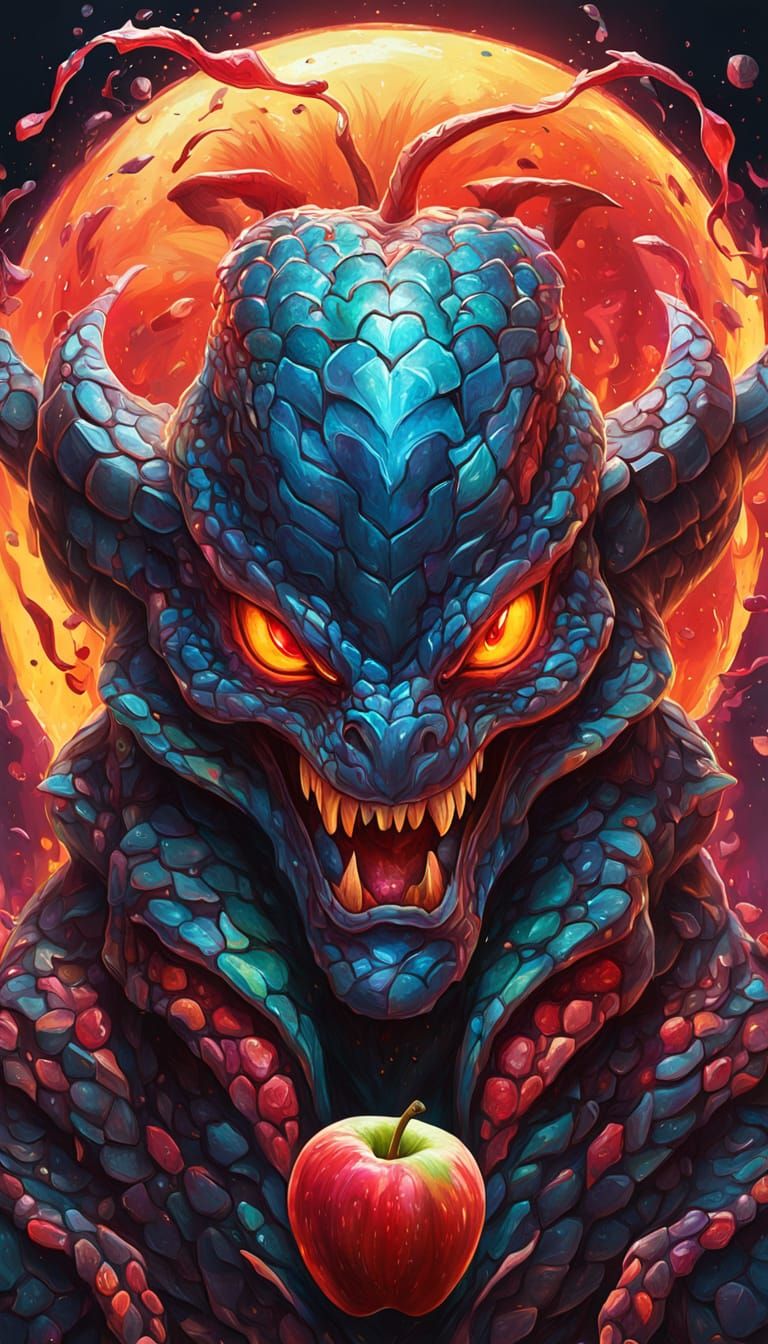 Surreal Portrait of a Snake Tempting with a Glowing Red Appl...