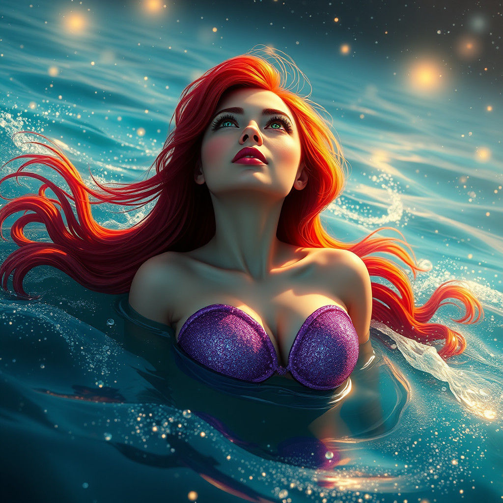 Red-Haired Mermaid in Bioluminescent Ocean