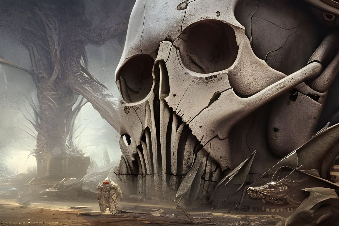 Hyperdetailed Skull on Stone Wall in War Setting