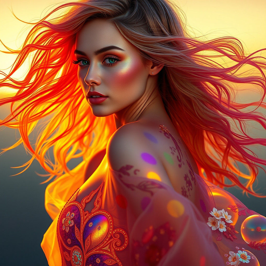 Iridescent Woman in Rainbow Gown, Digital Art