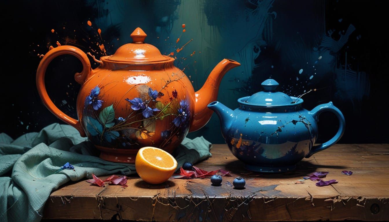 Ethereal Watercolor Masterpiece of a Rustic Teapot Scene