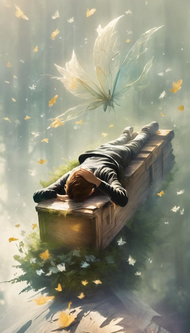 Woman Chasing Butterfly in Misty Forest at Golden Hour