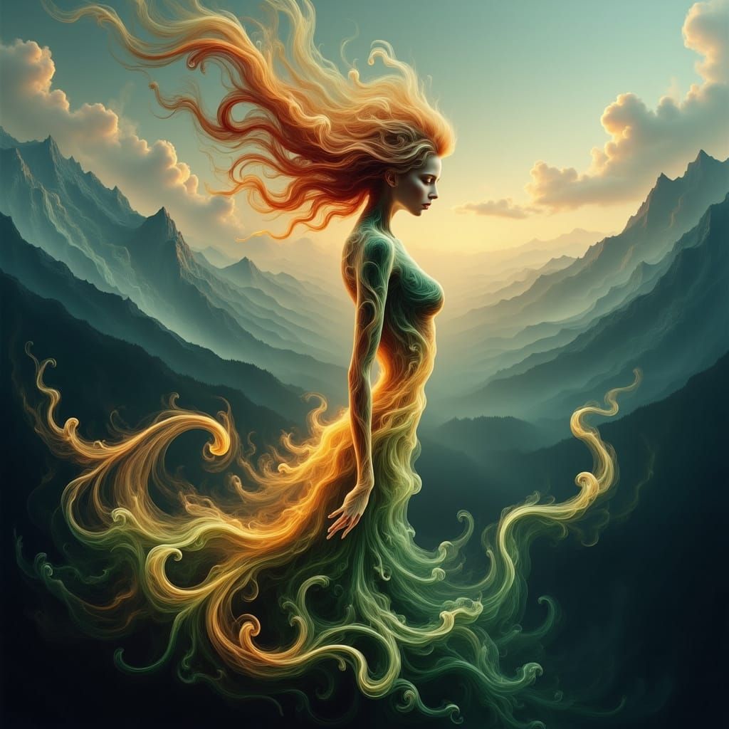 Ethereal Nature Spirit Emerge from Living Flames in Spring M...