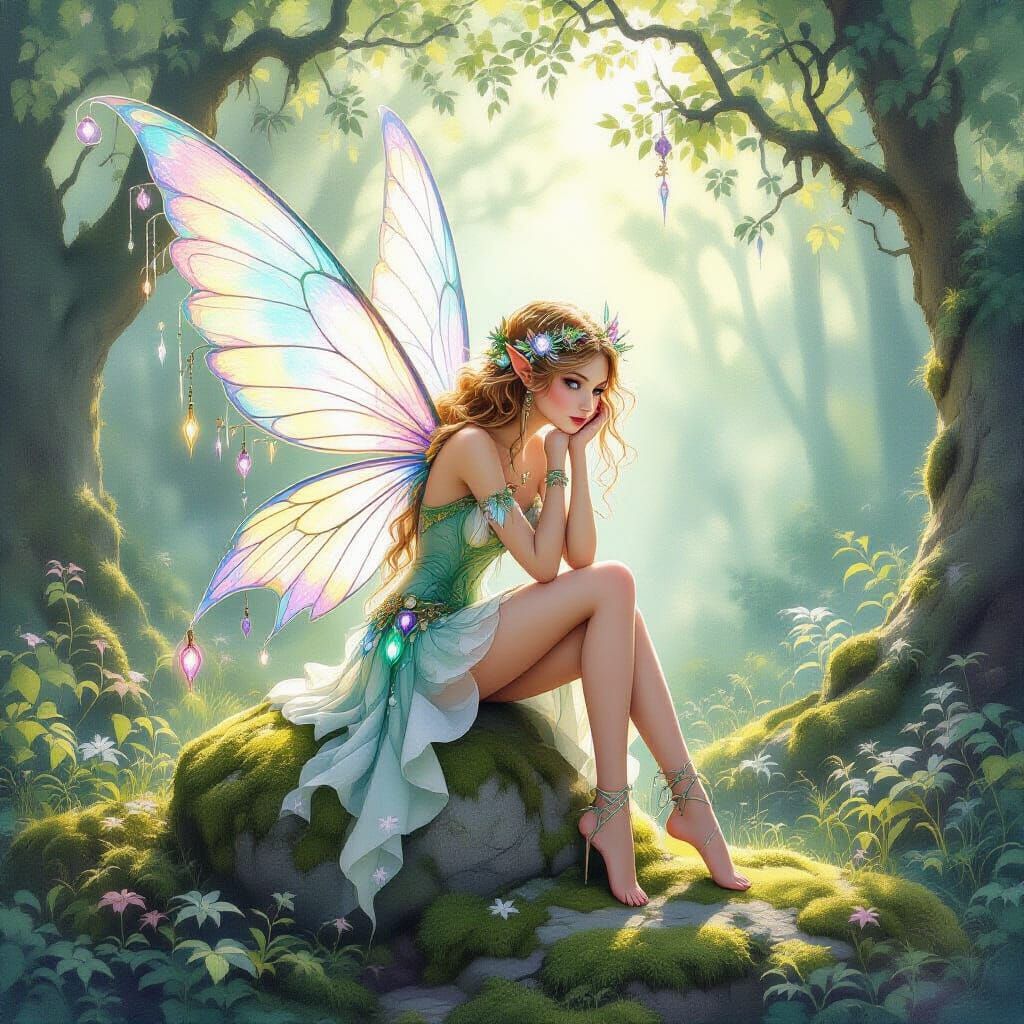 Ethereal Fairy in Enchanted Forest Watercolor