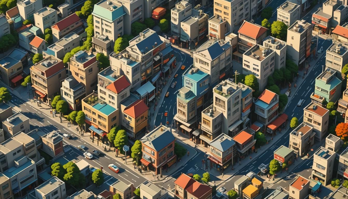 Tokyo Mountain Neighborhood in Comic Book Style