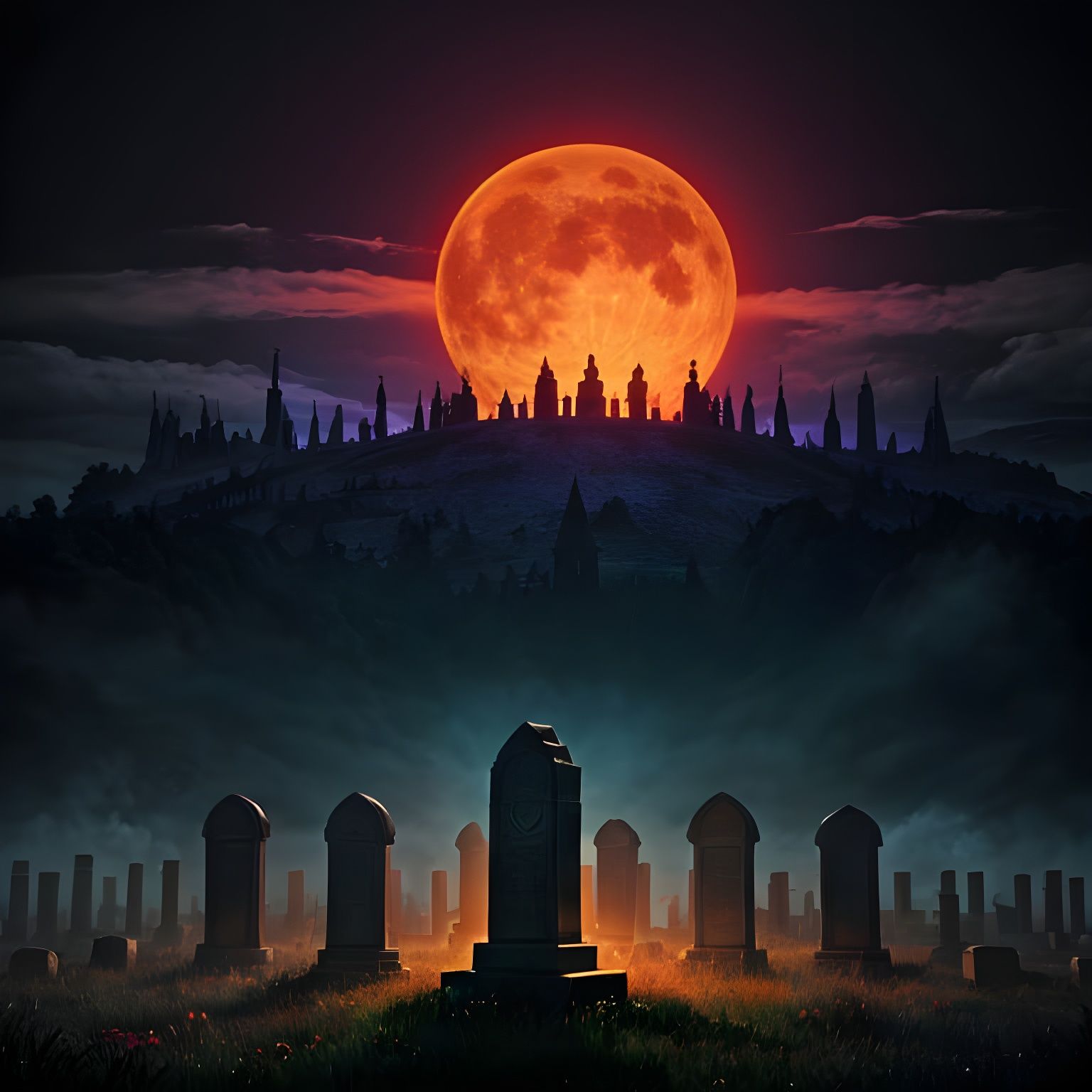 Zombie Graveyard Under Red Moon in 8-Bit Style