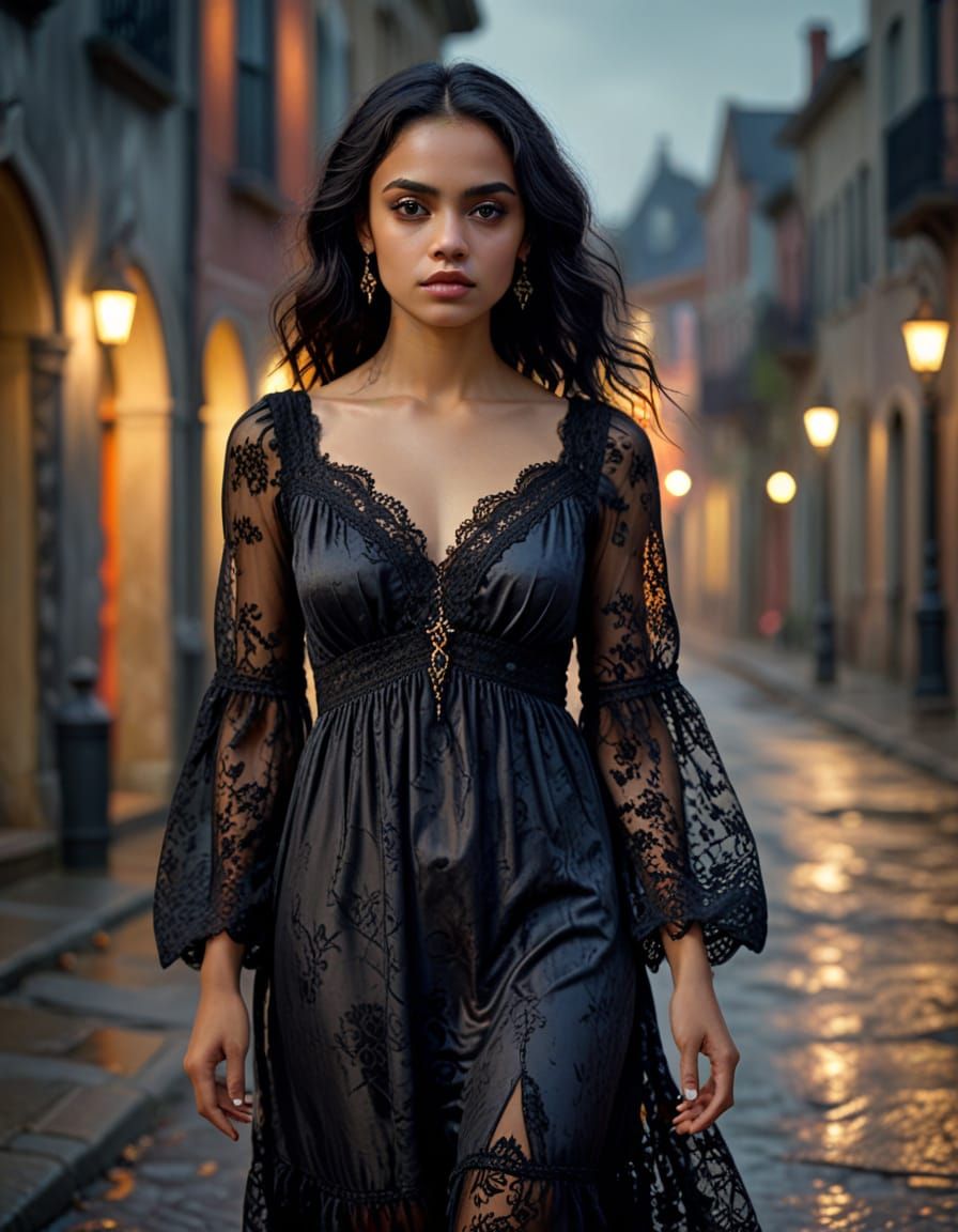 Gothic Portrait of Woman in City at Golden Hour