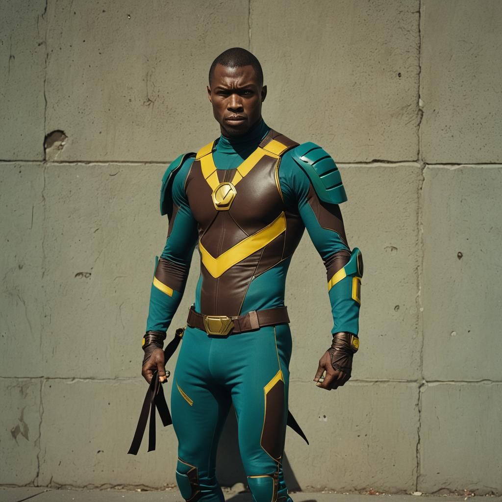 Brown Male Superhero in Spandex Suit With Tonfas