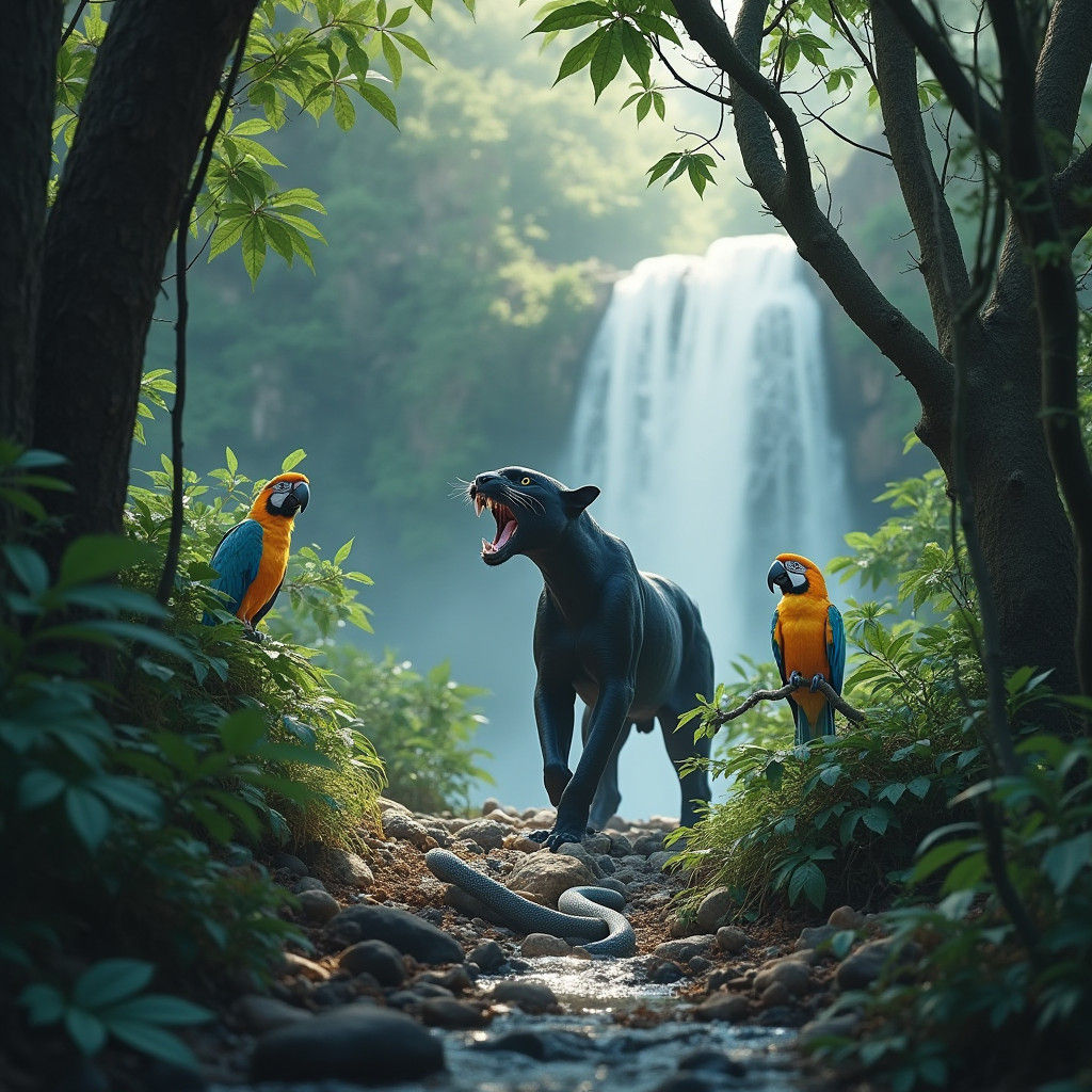 Black Panther and Snake in Jungle Landscape