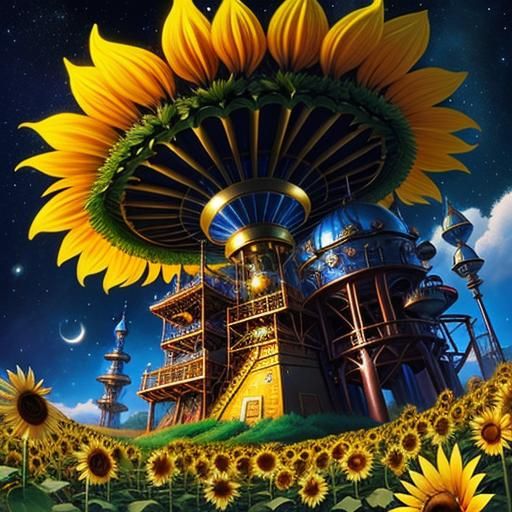 Sunflower Galaxy Machine in Storybook Illustration Style