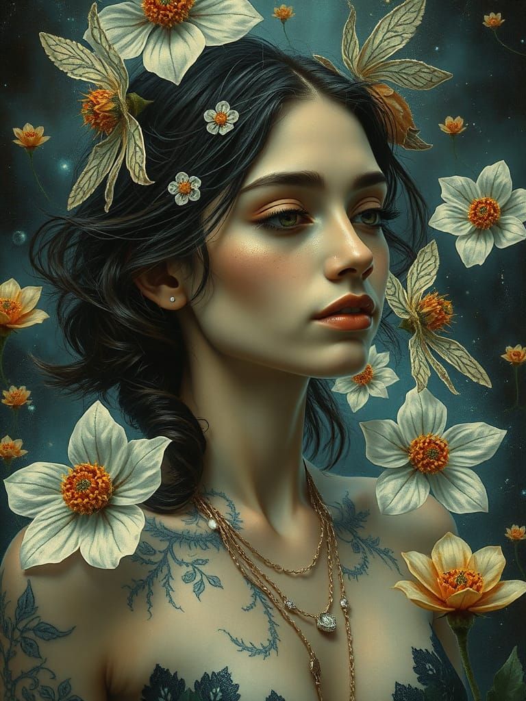 An ethereal portrait of a woman with intricate, vine-like ta...