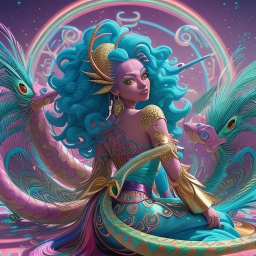 Rainbow Dragon Serpent Woman in Candyland Landscape