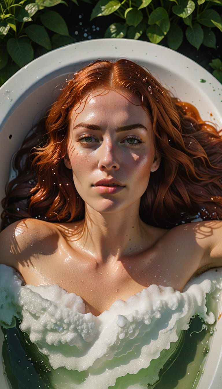 Woman with Red Hair in Bathtub at Golden Hour