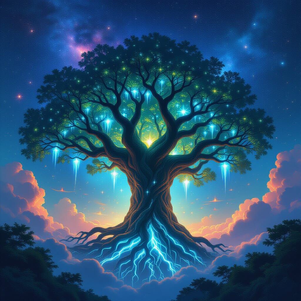 Ancient Bioluminescent Tree in Cosmic Nebula