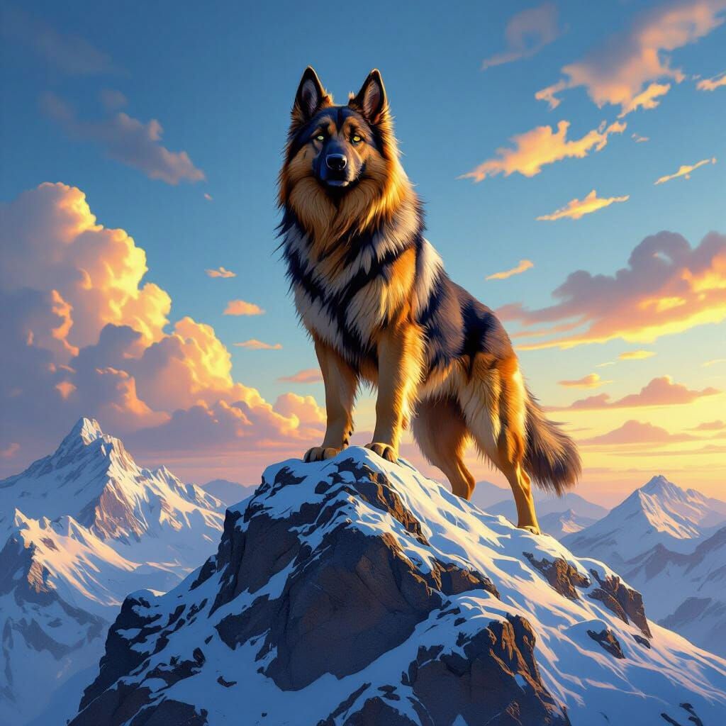 Majestic Lion-Shepherd Hybrid on Snowy Mountain Peak