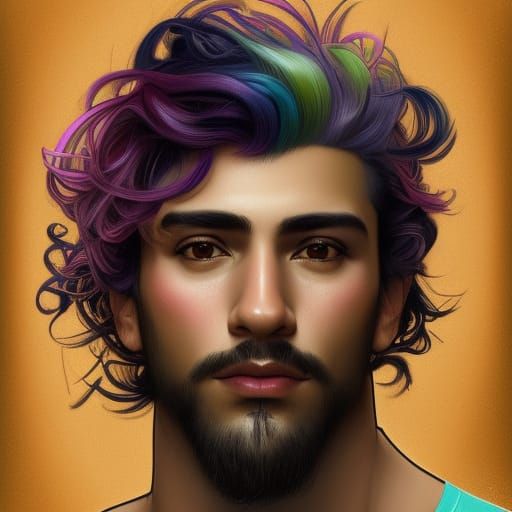 Rainbow Haired Man Portrait in Art Nouveau Style