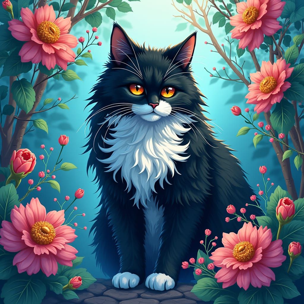 Colorful Aura Surrounds Long-Haired Tuxedo Cat