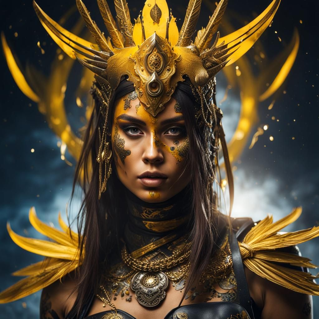 Metal Tattooed Warrior in Liquid Yellow Paint