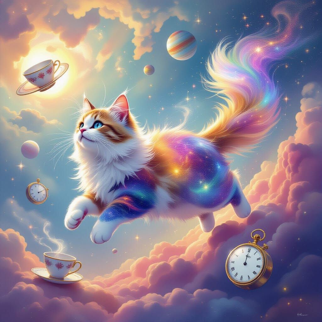 Stardust Cat Drifts Through Ethereal Cosmic Dreamscape