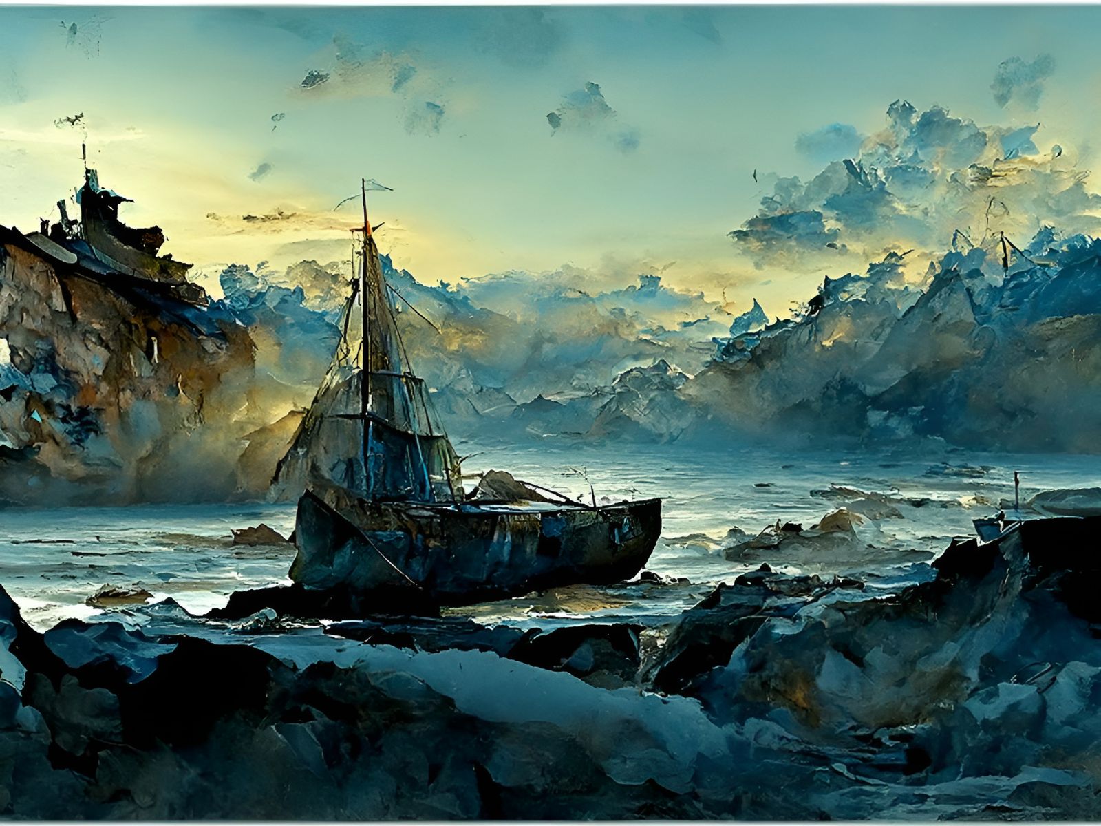 Ship Sailing Dark Seas as Detailed Watercolor Painting
