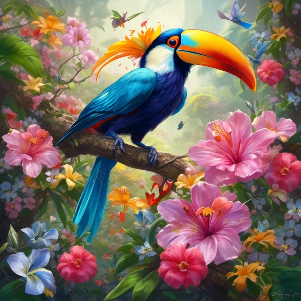 Toucan Bird with Tree of Life and Lotus Flowers