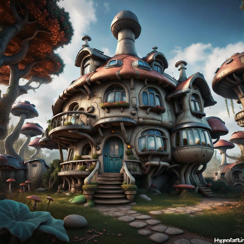 ED-209 Style Mushroom House: Hyperrealistic 8K Art